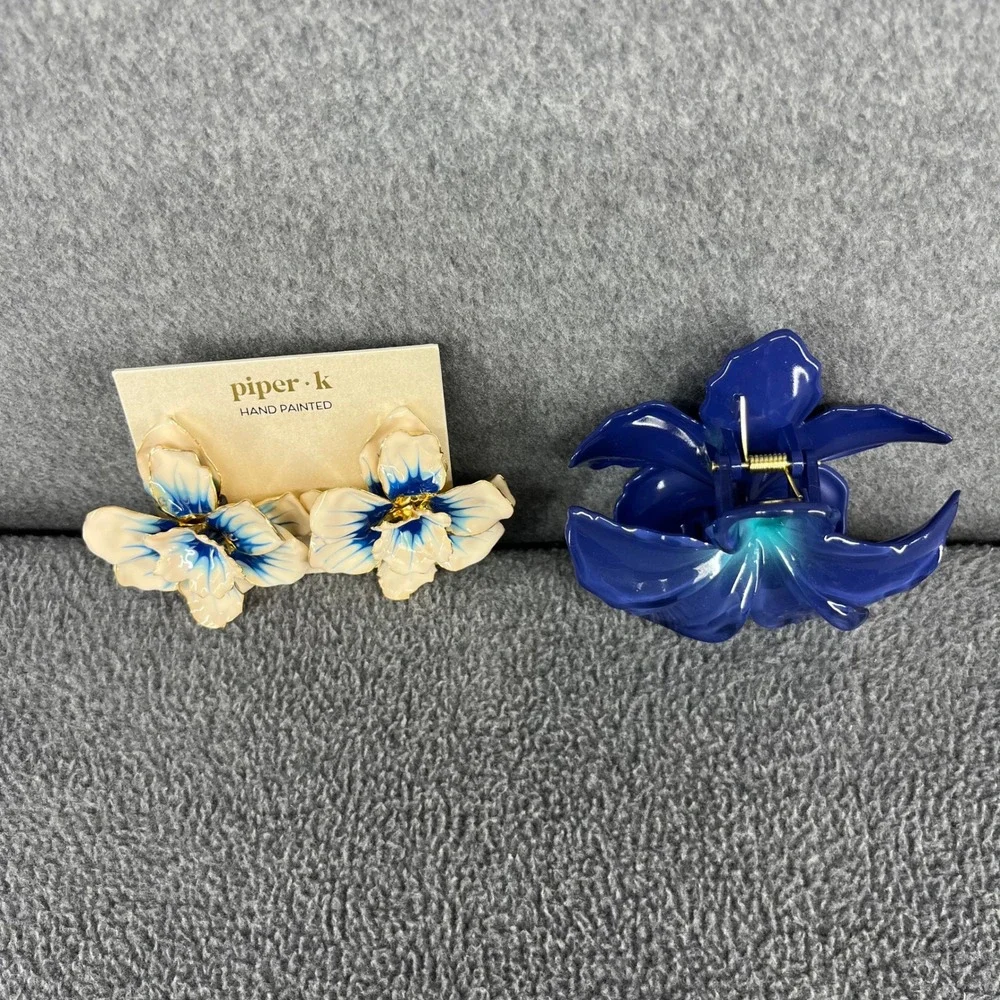 Piper K Floral Clip-On Earrings & Hair Claw Set Beach Tropical Bora Hand Painted